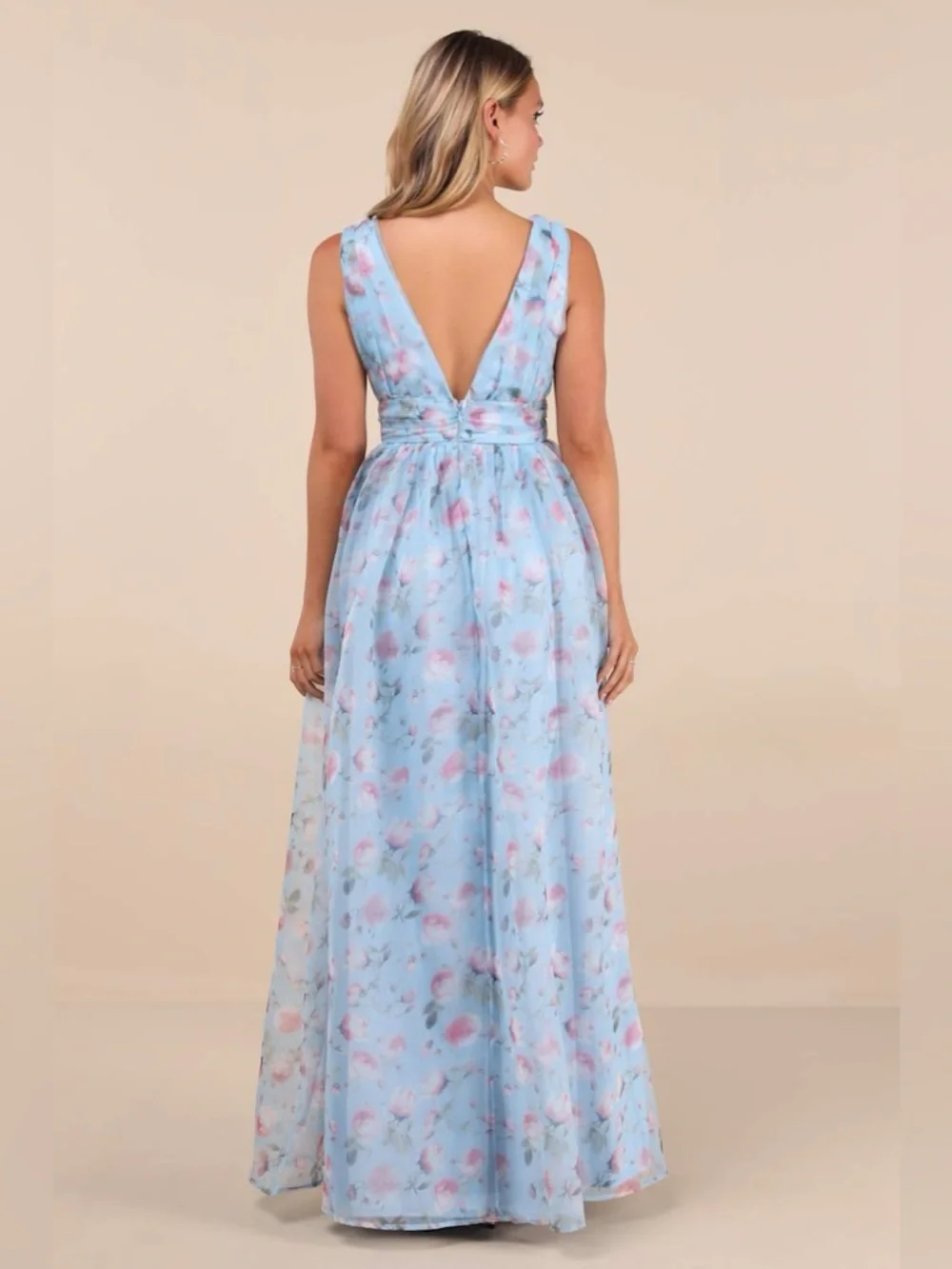 LULU'S Garden Romance Light Blue Floral Print Organza Maxi Dress
